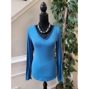 White House Black Market Top Women's Small Blue Long Sleeve Stretch V Neck Shirt